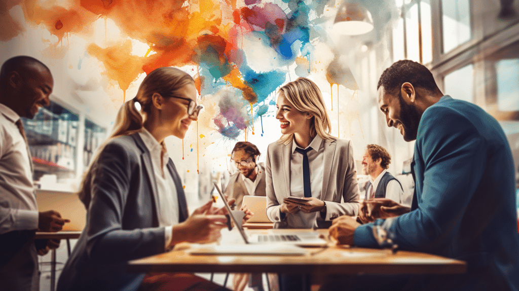 Diverse team of professionals engaging in collaborative discussion, showcasing traits of effective franchisees, with vibrant creative background symbolizing entrepreneurial spirit and innovation.