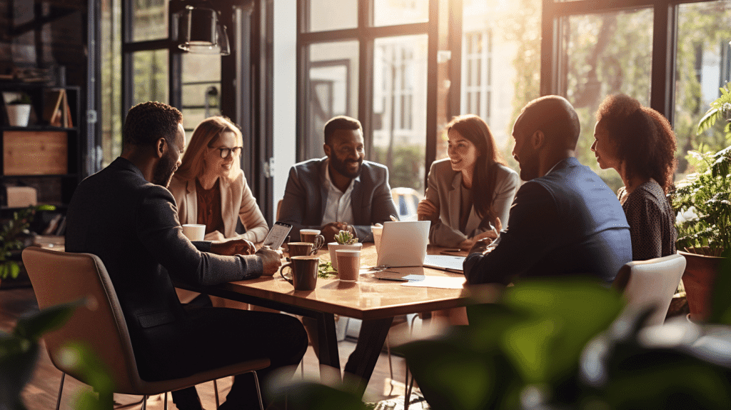 Group of diverse entrepreneurs collaborating in a bright, modern workspace, sharing ideas and strategies for business success, surrounded by plants and coffee cups.