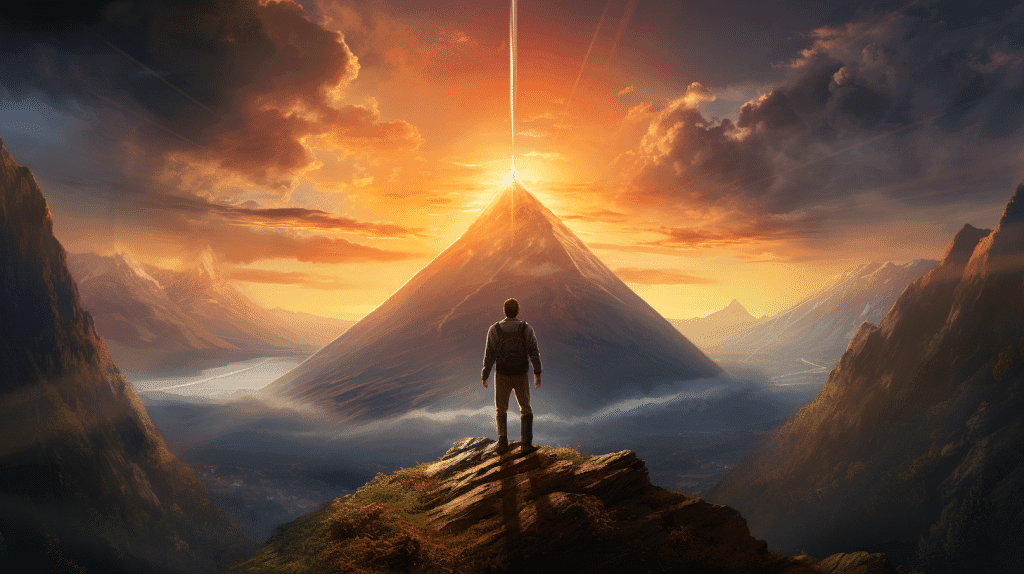 Person standing on a rocky outcrop, gazing at a majestic mountain peak illuminated by a bright light, symbolizing the journey of entrepreneurial success and inspiration in business.
