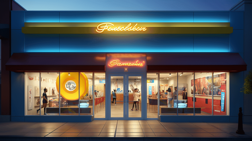 Franchise storefront with bright neon signage, showcasing a welcoming atmosphere for potential customers, relevant to entrepreneurial insights and business development.