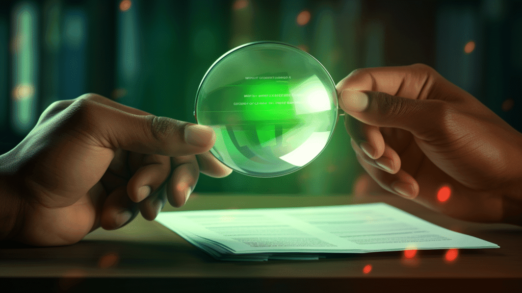 Hands holding a magnifying glass over documents, symbolizing analysis of personal credit scores for business owners.