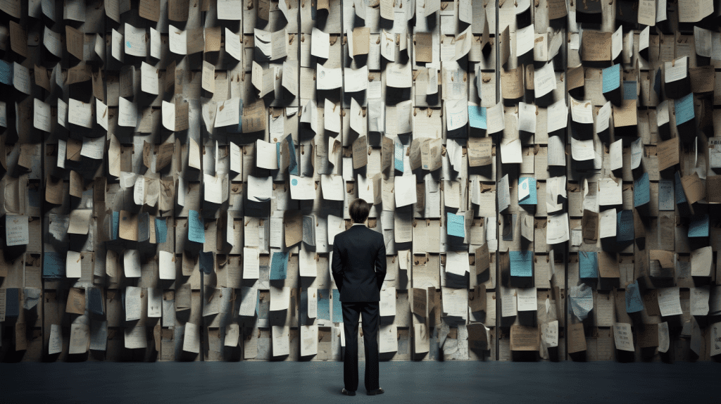Man in suit standing before a wall covered with hanging papers, symbolizing the research process for franchise opportunities and business support systems.