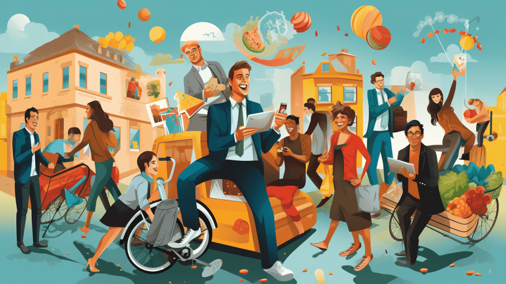 Vibrant illustration of diverse individuals engaging in entrepreneurial activities in a lively urban setting, highlighting collaboration and innovation in the gig economy.