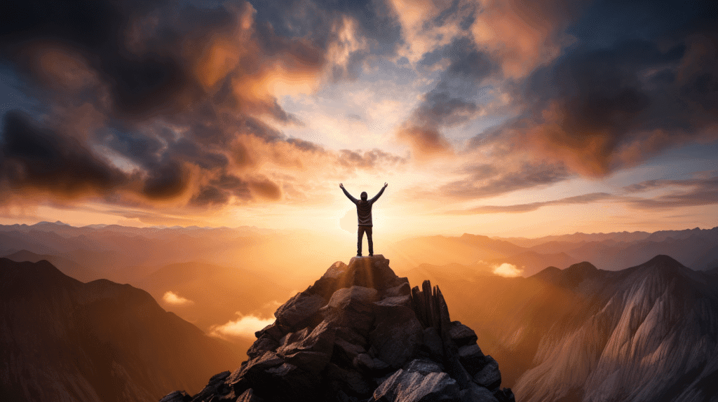 Person celebrating success on a mountain peak at sunrise, symbolizing entrepreneurial mindset and resilience.