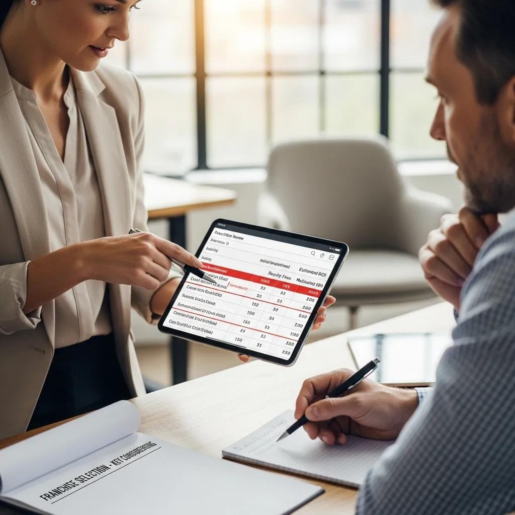 Consultant and entrepreneur comparing franchise options and charts