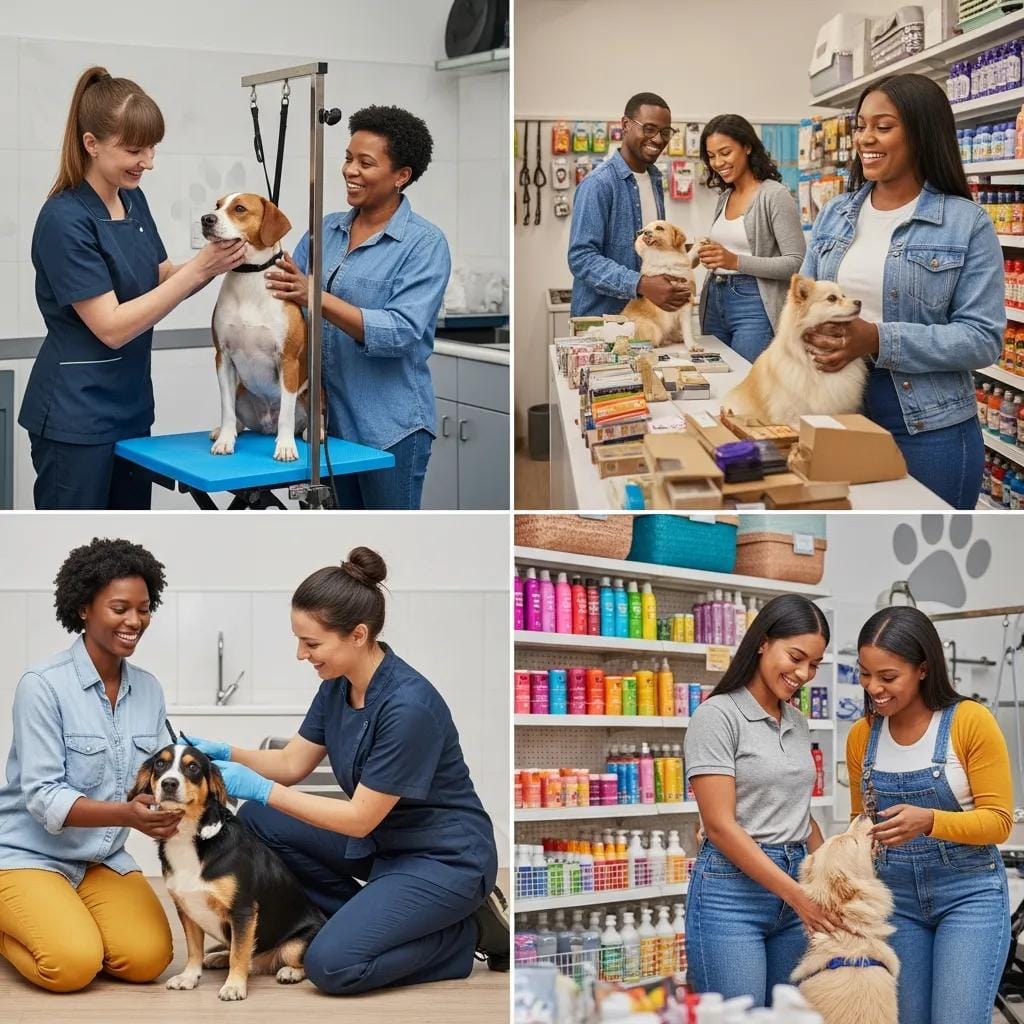 Diverse group of people engaging with pets in a lively pet franchise setting