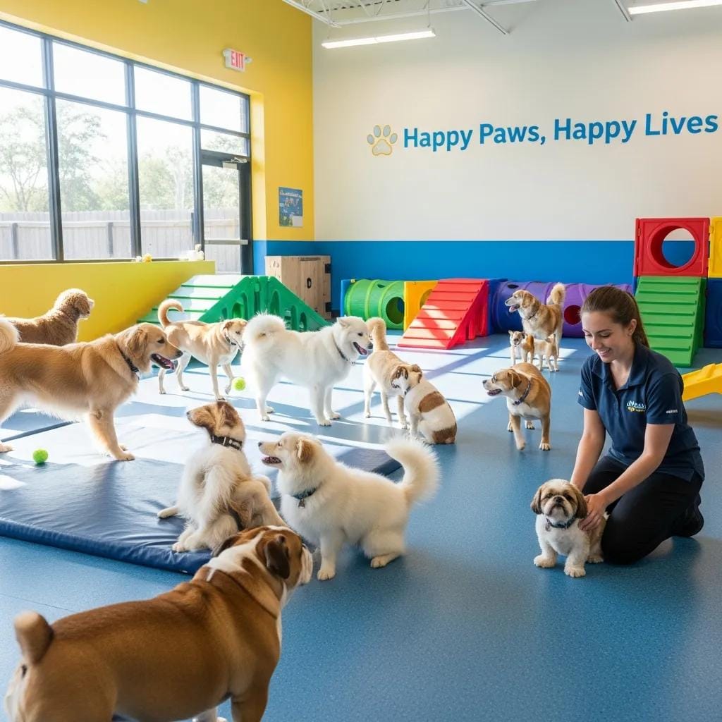Dogs playing under staff supervision in a bright, well-managed dog daycare