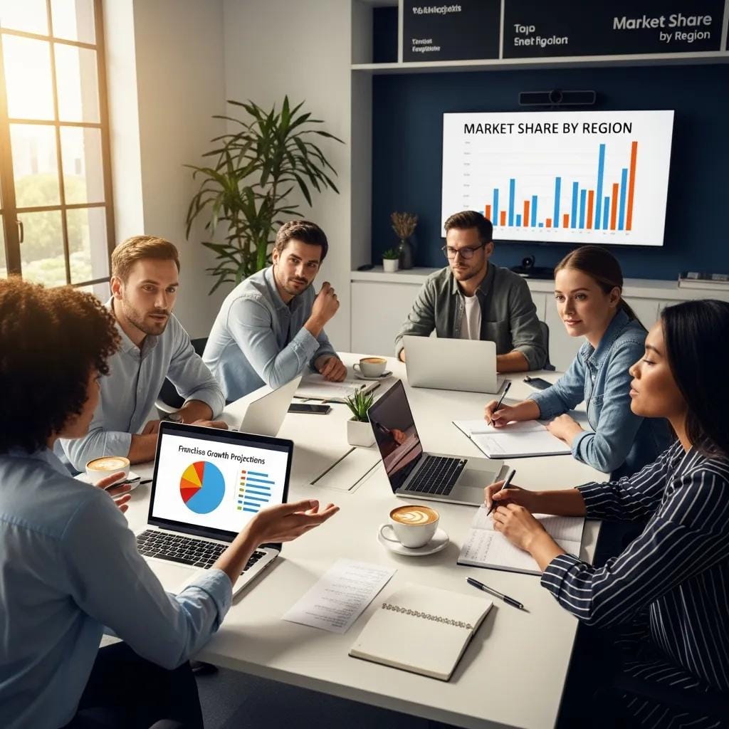 Entrepreneurs collaborating on franchise opportunities in a modern office, emphasizing innovation and growth