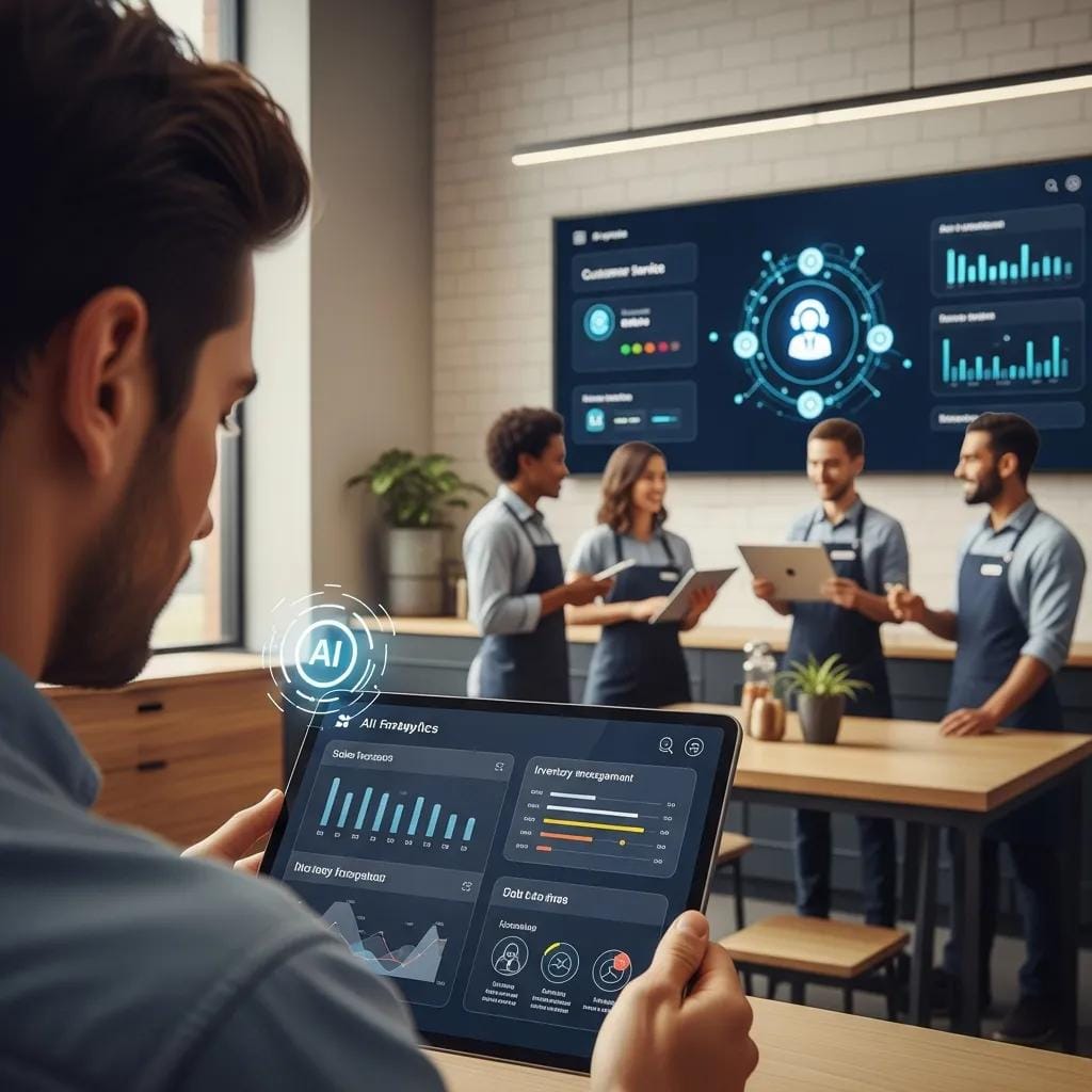 Franchise owner using AI tools to manage operations, illustrating how AI improves efficiency in franchising