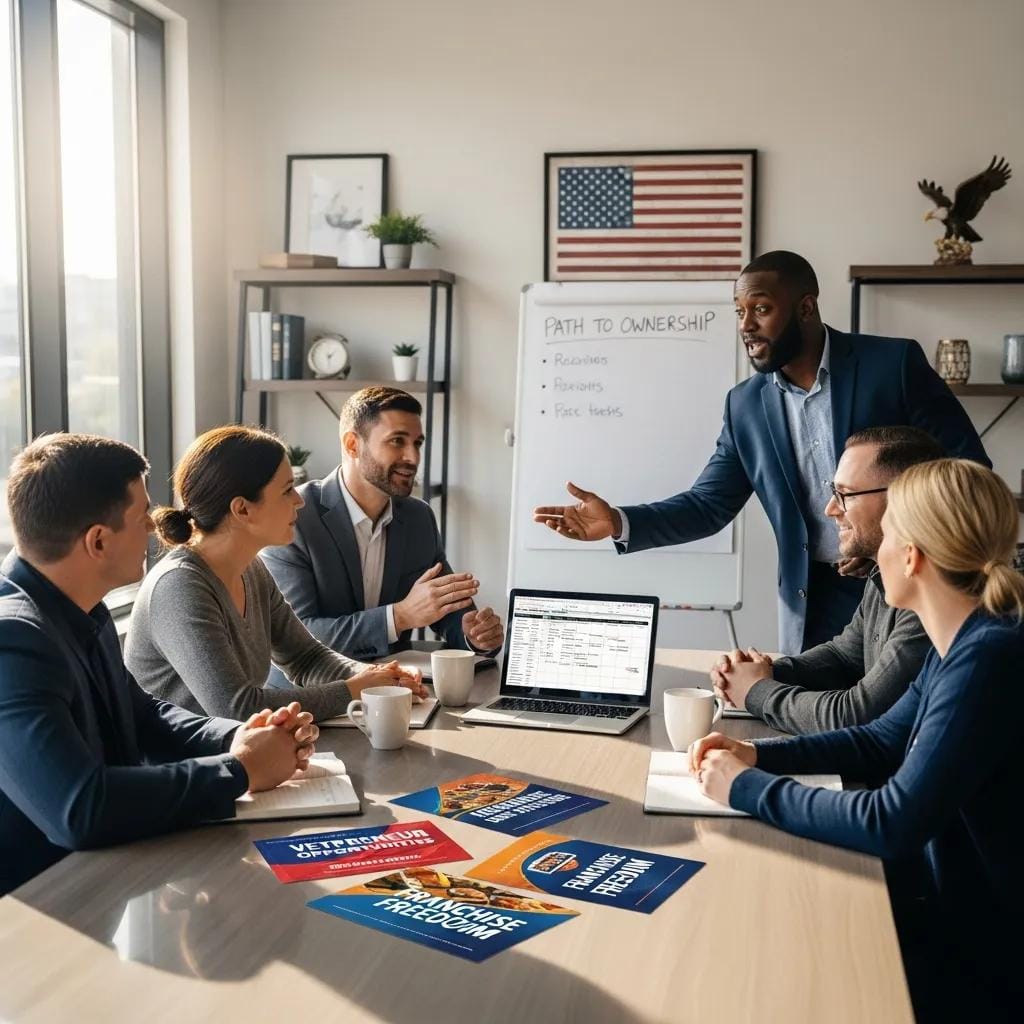 Group of military veterans exploring franchise opportunities in a collaborative office setting