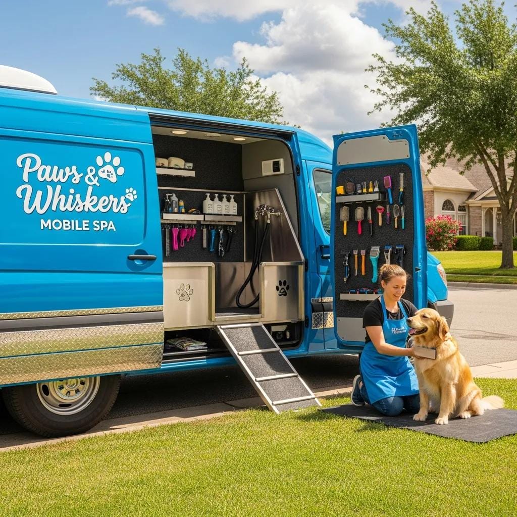 Mobile pet grooming van parked in a neighborhood while a groomer works with a dog