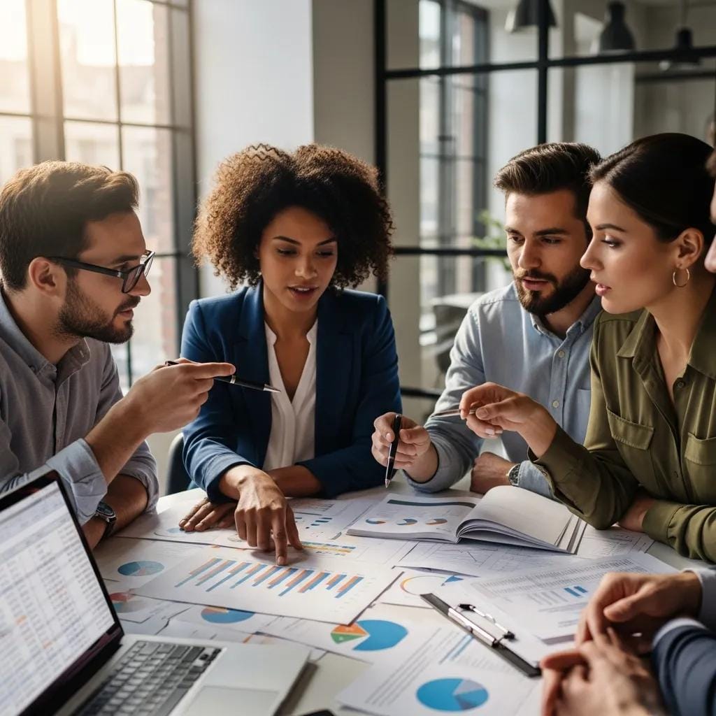 Team of professionals planning franchise management strategy