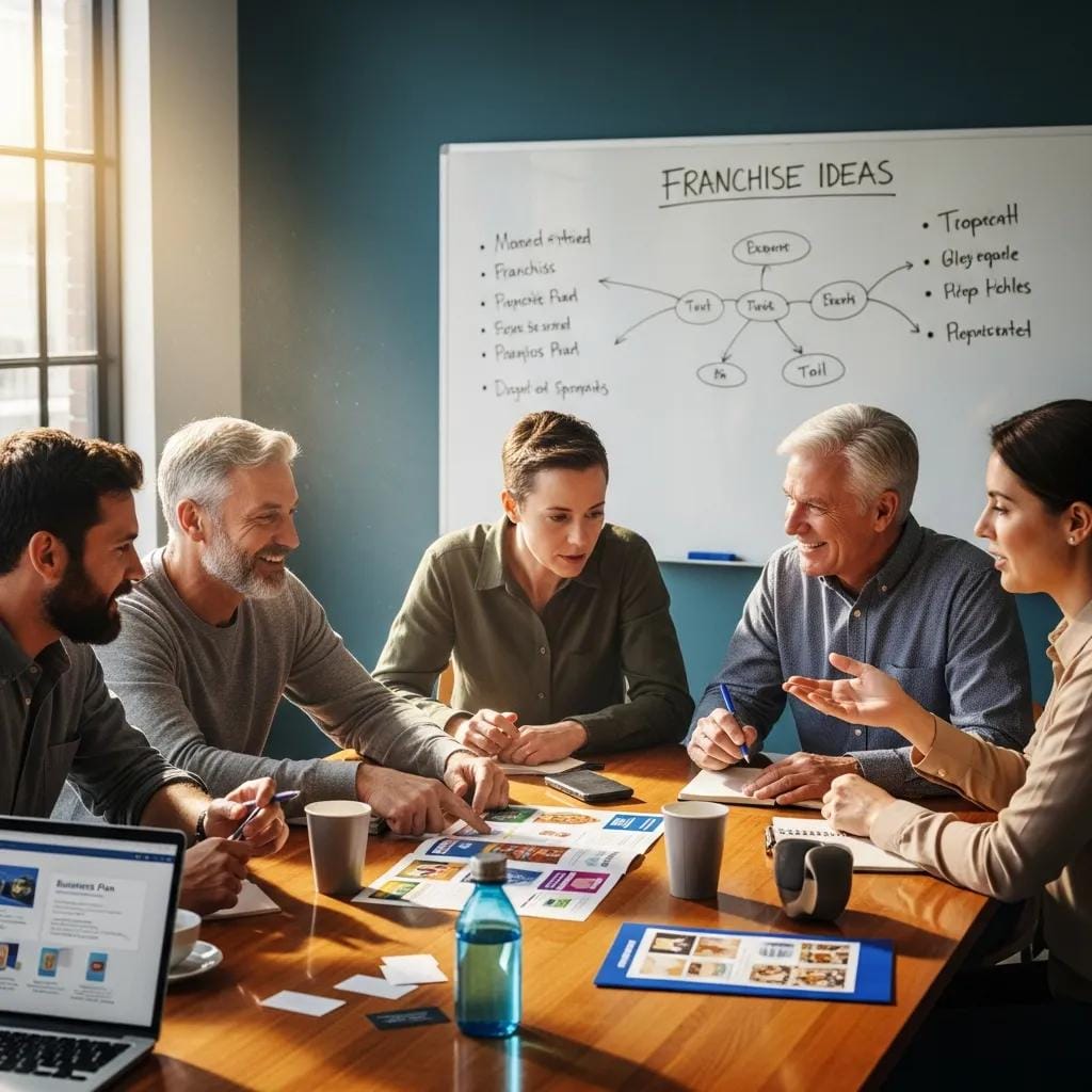 Veterans exploring franchise opportunities in a collaborative office environment