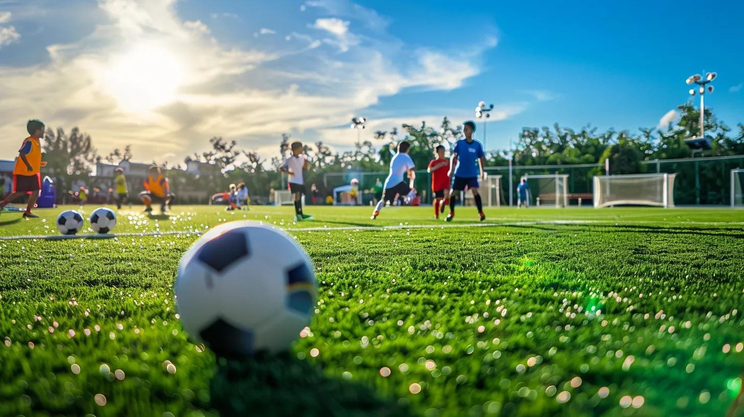Children playing soccer on a field with a close-up of a soccer ball, emphasizing teamwork and outdoor sports activities.