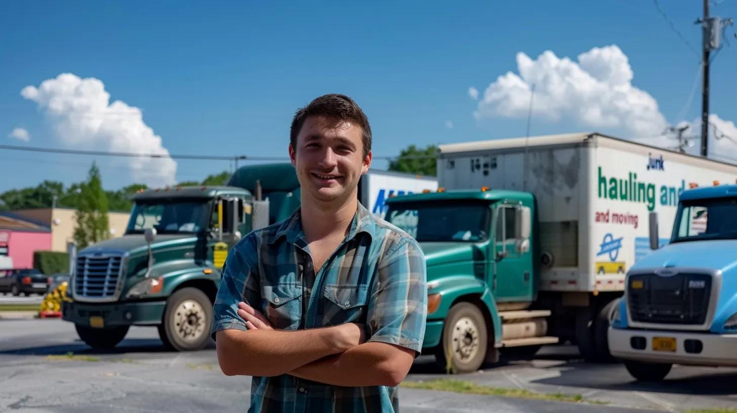 show a proud business owner in front of a "junk hauling and moving" franchise office with three trucks in the background