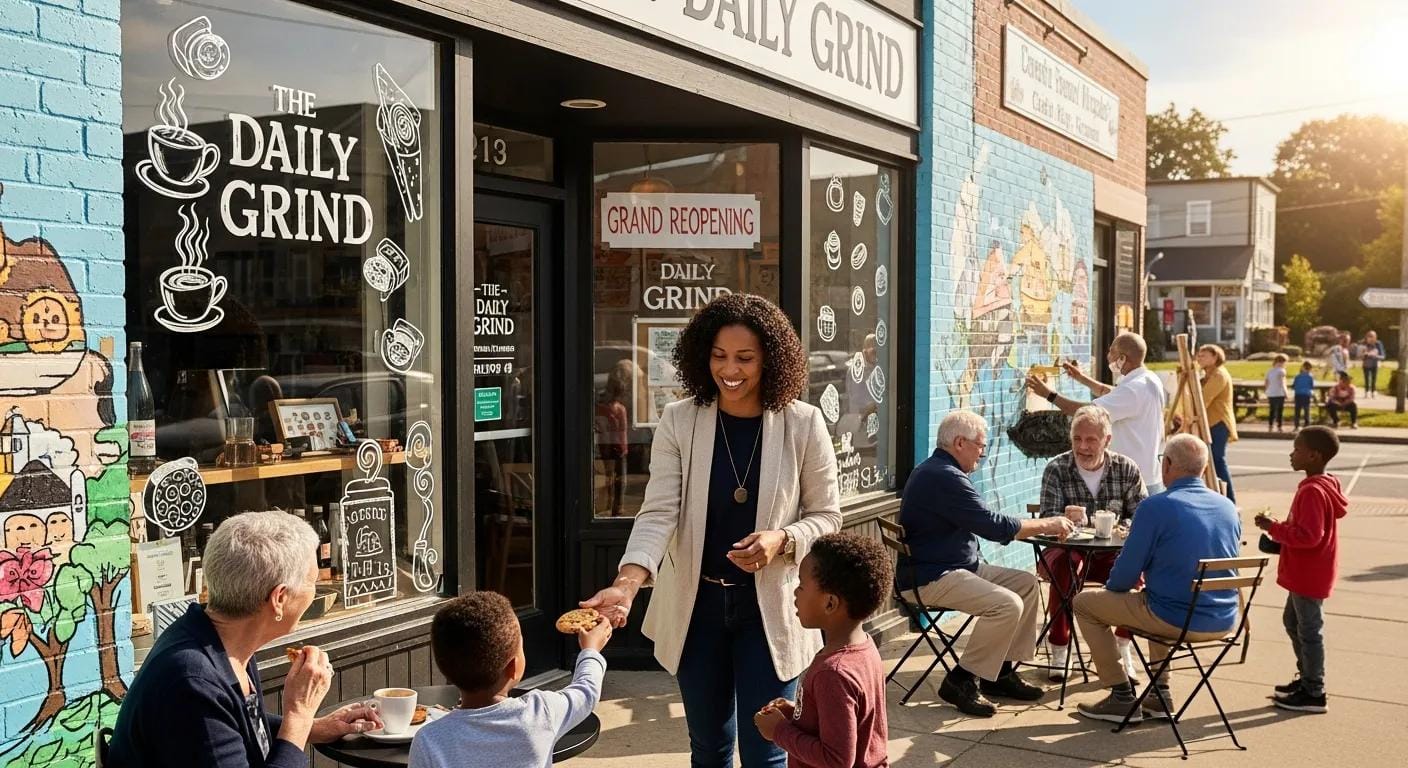 Woman serving cookies to children outside "The Daily Grind" caf&eacute;, featuring community engagement and local atmosphere, reflecting successful low-cost franchise model in Florida.