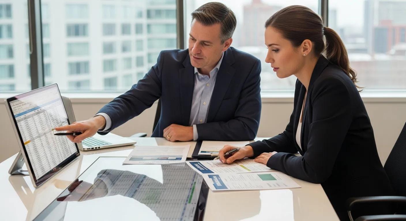 Franchise consultant and client reviewing financing options in an office