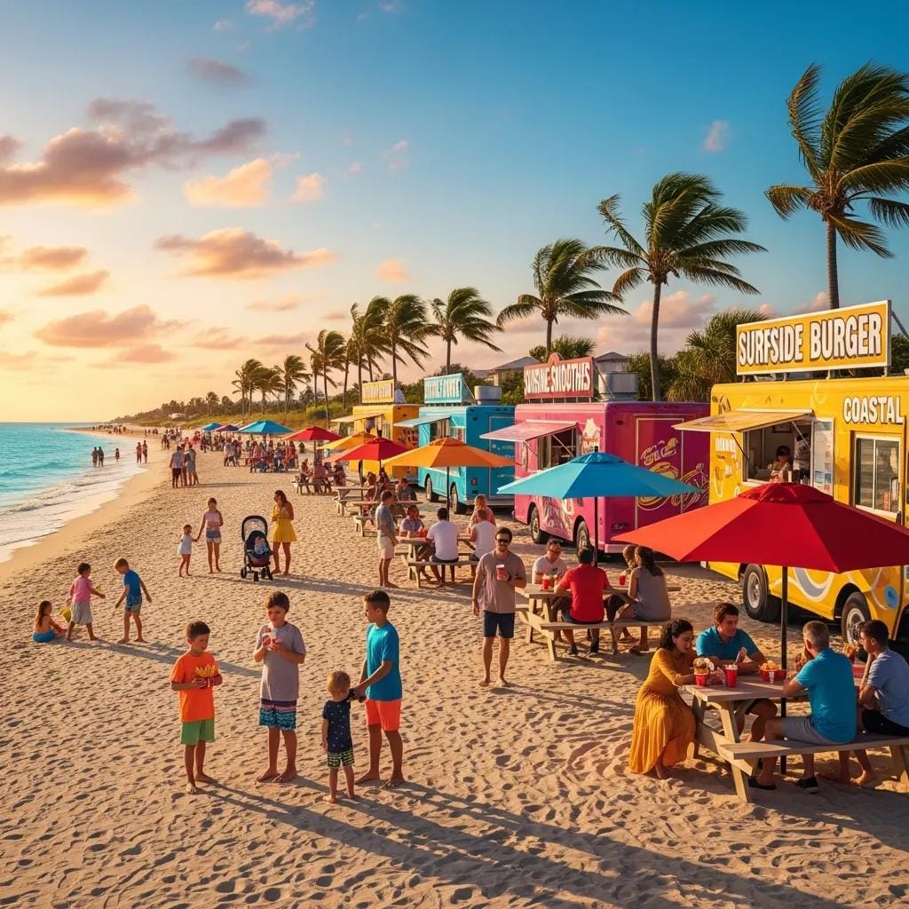 Lively Florida beach area with restaurants and shops busy during peak season