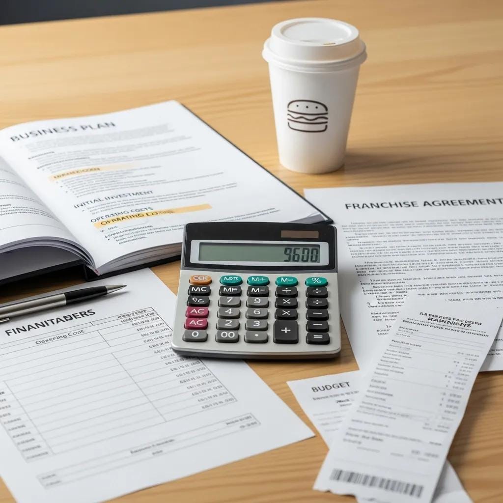 Calculator and financial documents including a business plan, franchise agreement, and budget sheet, representing budgeting and investment analysis for low-cost franchises in Florida.