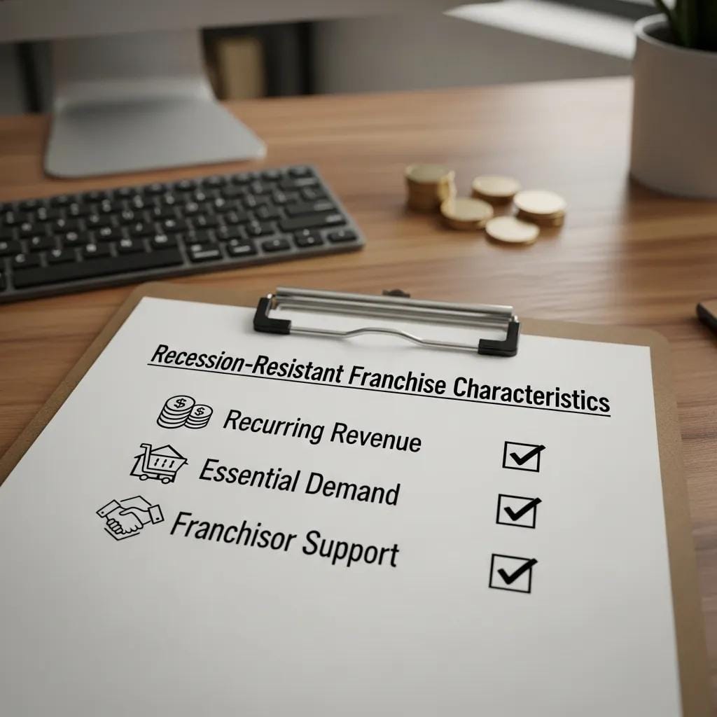 Checklist of recession-resistant franchise characteristics, featuring recurring revenue, essential demand, and franchisor support, with checkmarks indicating evaluation criteria, set on a wooden desk with a keyboard and coins in the background.