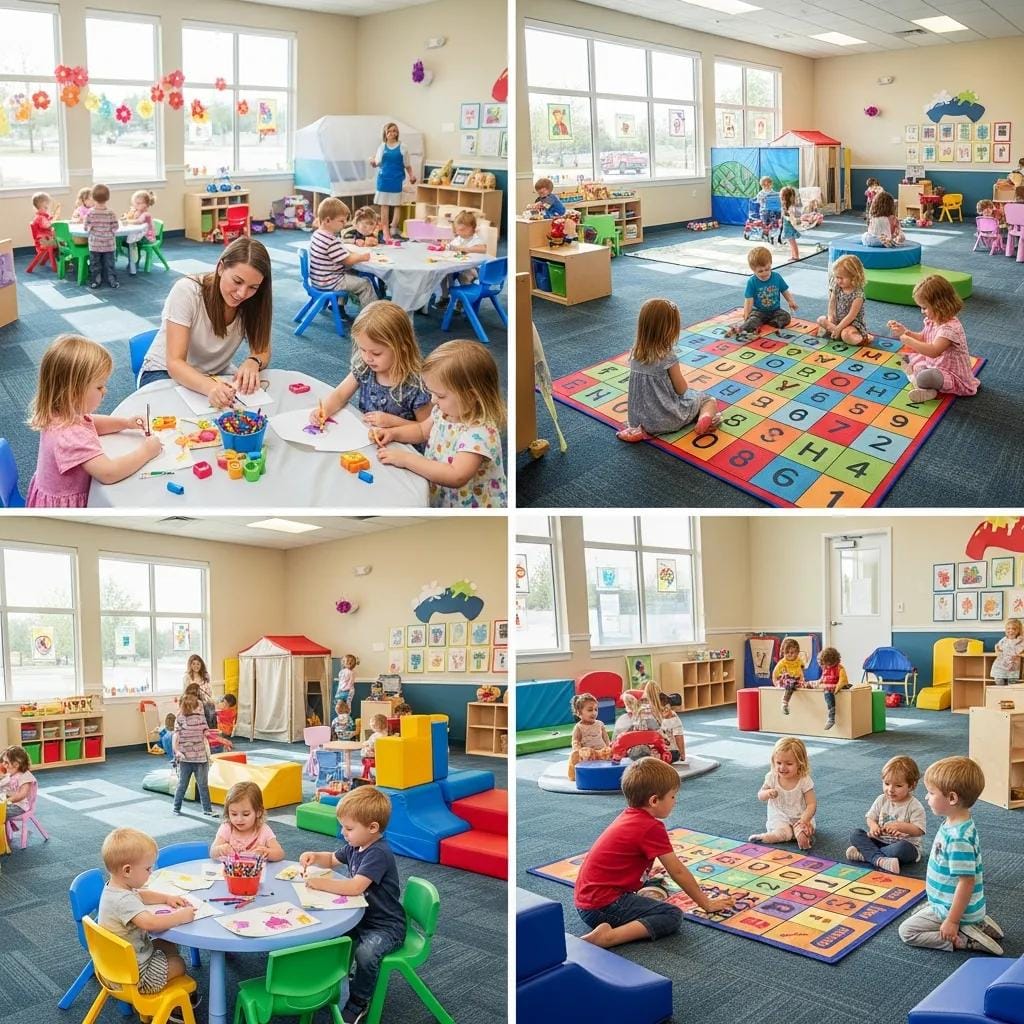 Children playing and learning in a lively child care setting