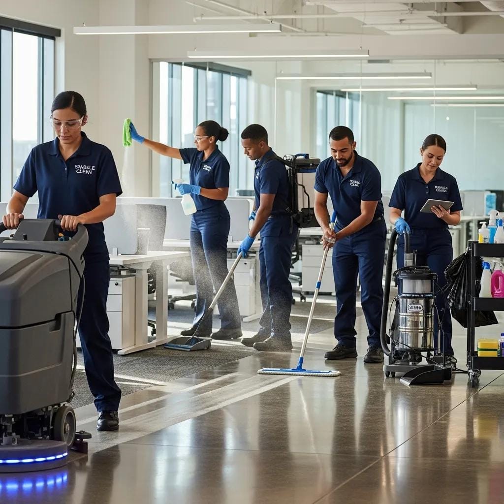 Cleaning professionals in uniforms using various equipment for sanitation in a modern office setting, highlighting commercial cleaning services and compliance-driven hygiene standards.