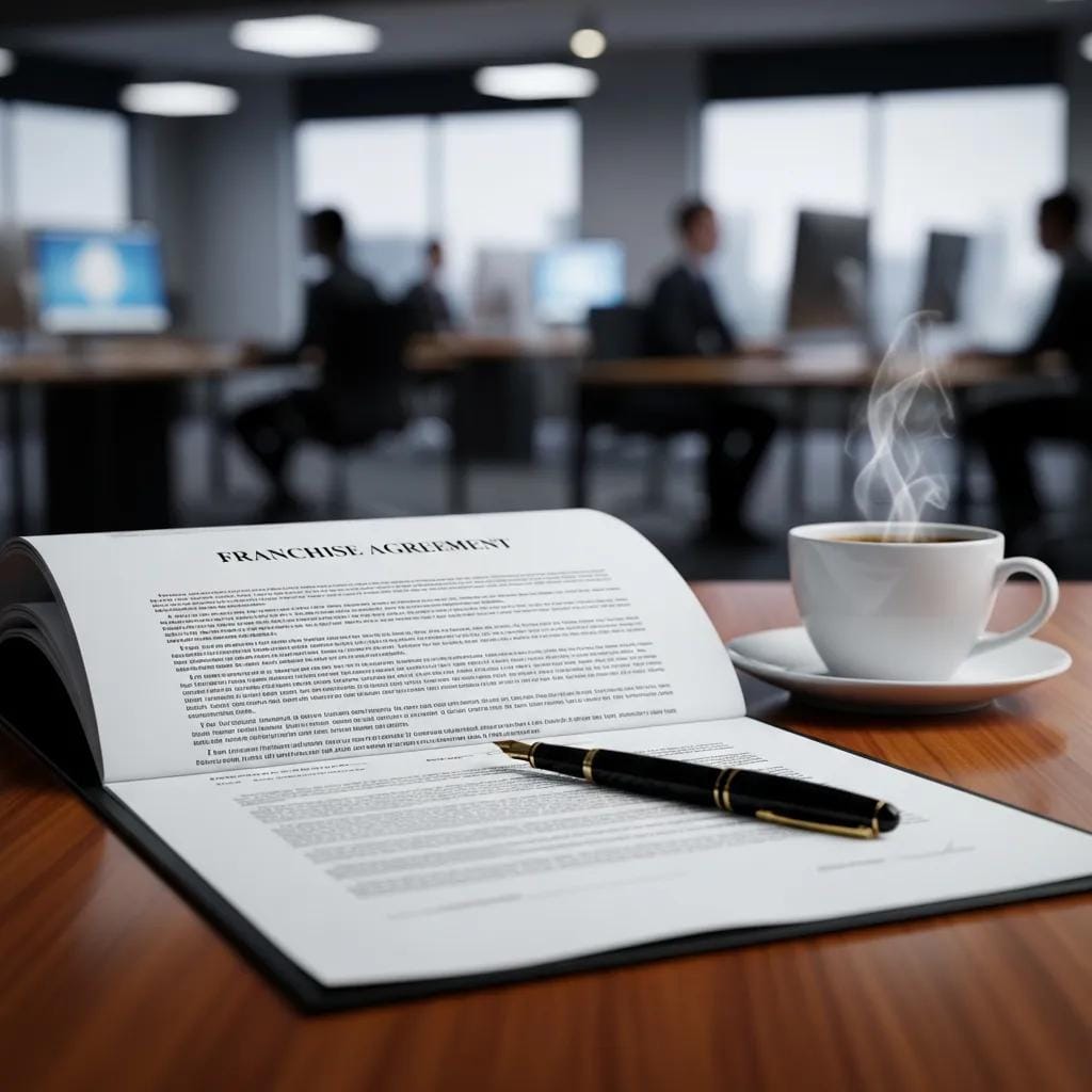 Signed franchise agreement on a desk with a pen and notes