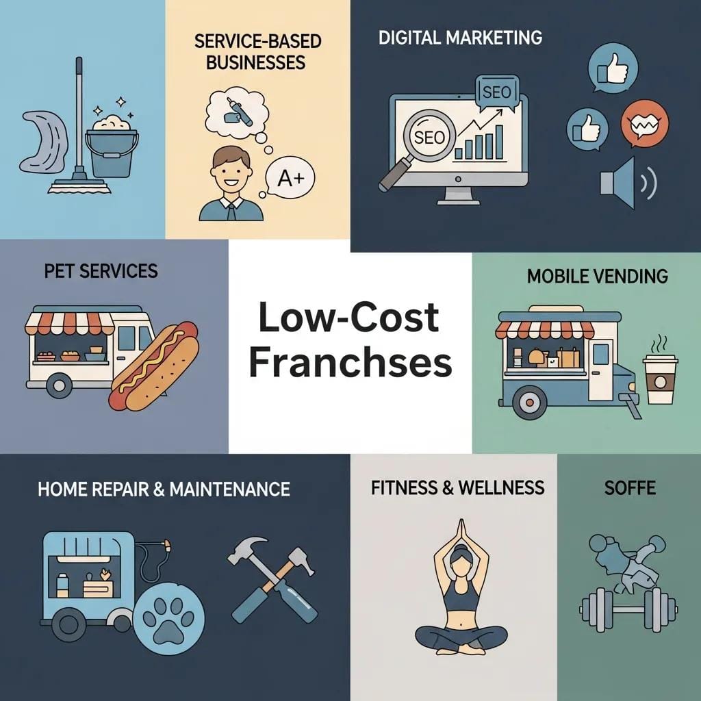 Visual collage of cleaning, tutoring, and digital marketing—common low-cost micro-franchise sectors