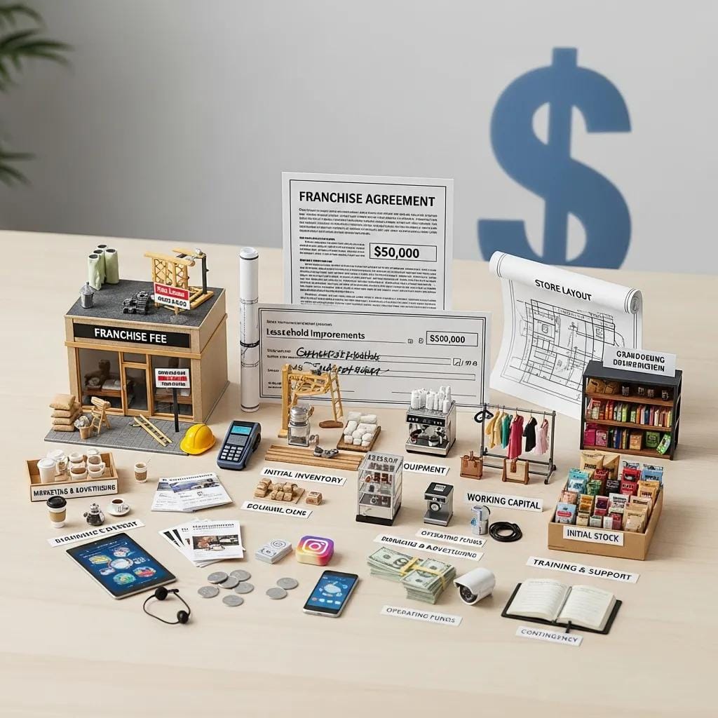 Miniature retail franchise setup displaying components of investment costs, including franchise fee, initial inventory, equipment, and store layout plans, relevant to evaluating retail franchise opportunities.