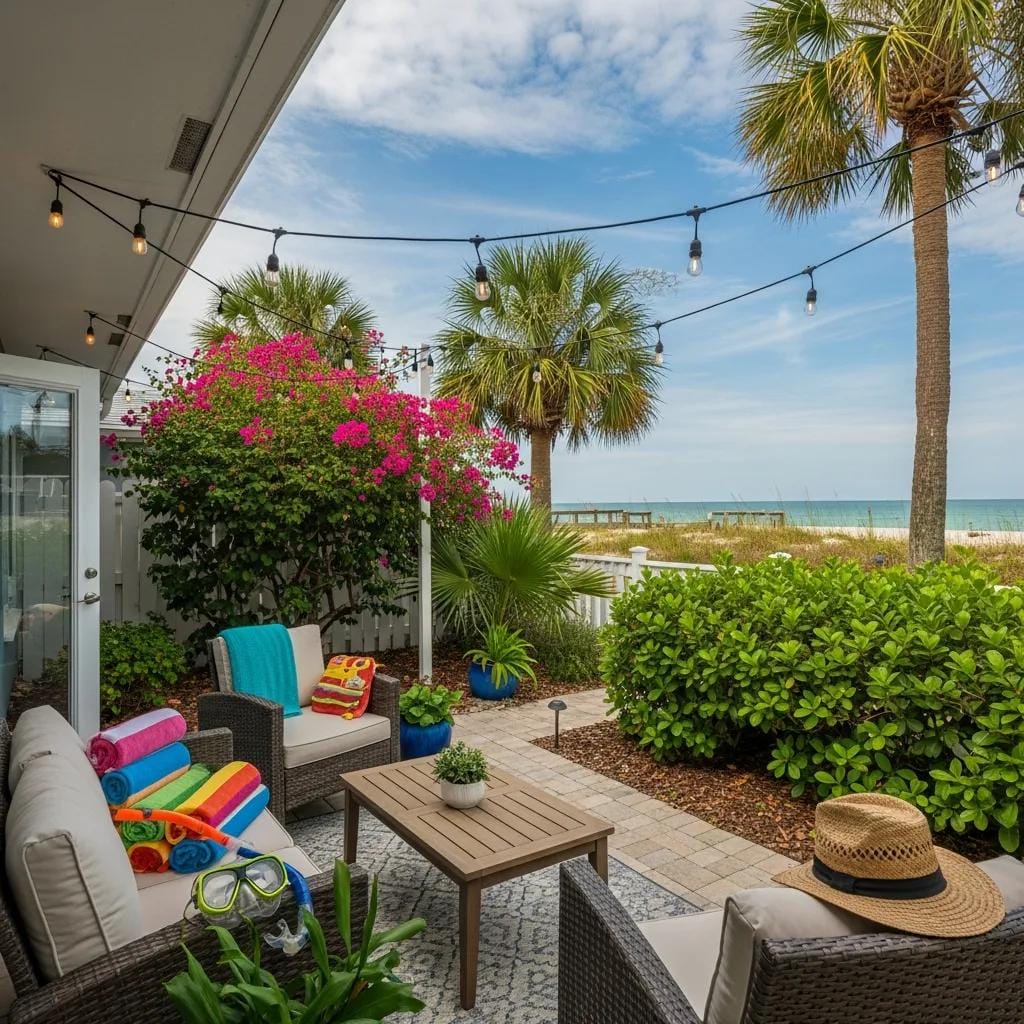 Cozy vacation rental patio in Tampa with beach towels, tropical plants, and ocean view, illustrating potential for passive income through short-term rentals.