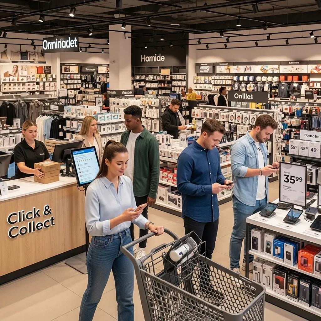 Customers engaging in omnichannel shopping at a retail store, utilizing mobile devices for orders, with a Click & Collect service prominently displayed at the checkout.