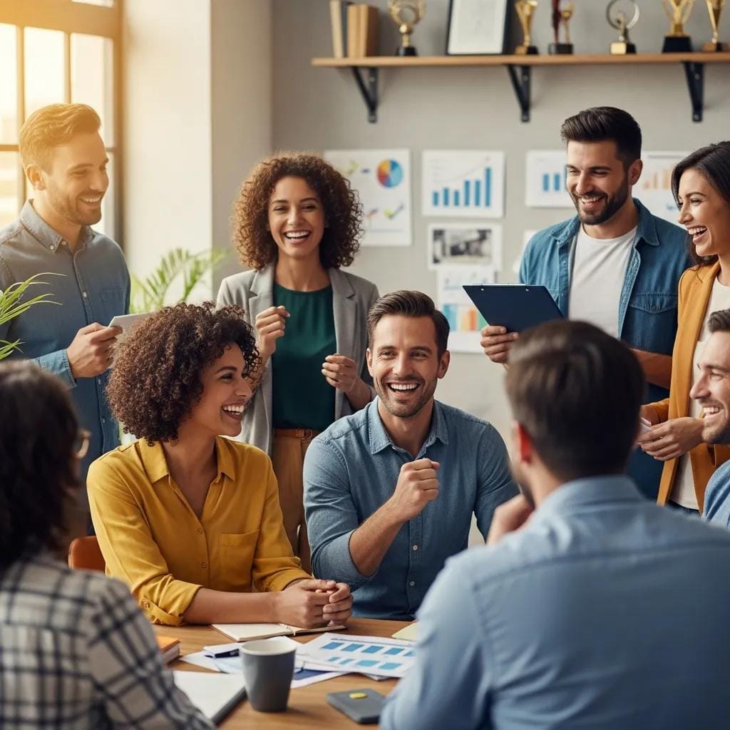 Diverse entrepreneurs celebrating franchise success in a modern office setting