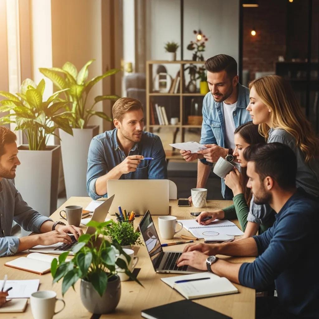 Diverse entrepreneurs collaborating in a modern workspace, symbolizing teamwork and innovation in overcoming business challenges