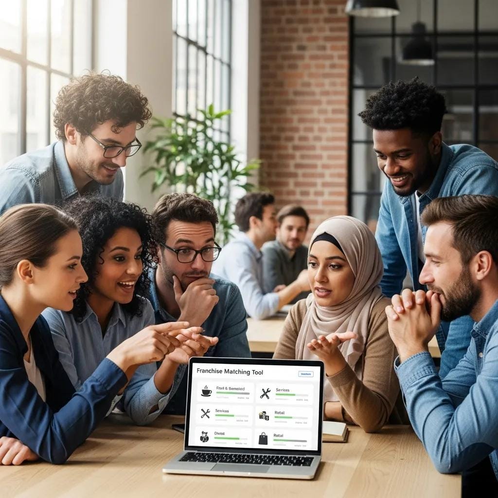 Diverse entrepreneurs collaborating on franchise opportunities with a laptop in a modern workspace
