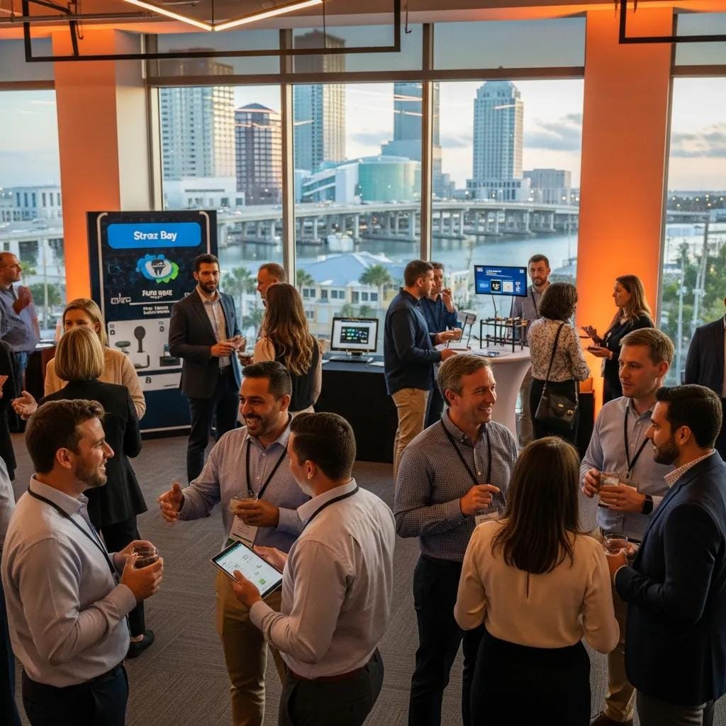 Diverse entrepreneurs networking at a Tampa Bay startup event, showcasing collaboration and innovation