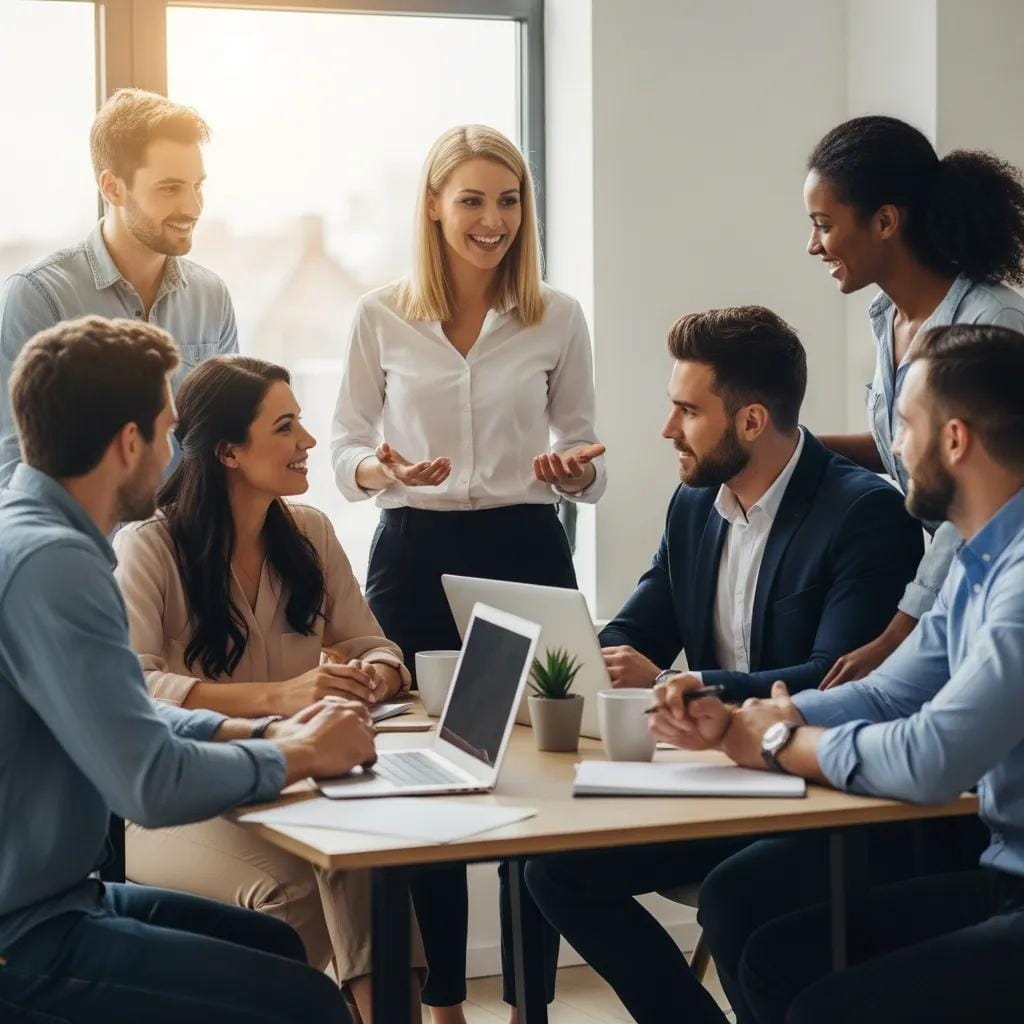 Diverse group of aspiring entrepreneurs consulting with a franchise advisor in a modern office