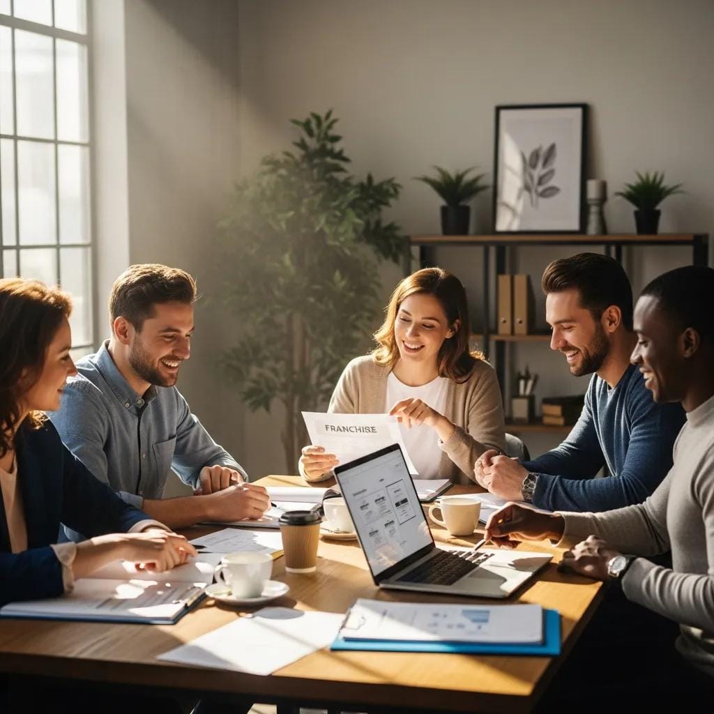 Diverse group of new franchisees discussing franchise documents in a bright office