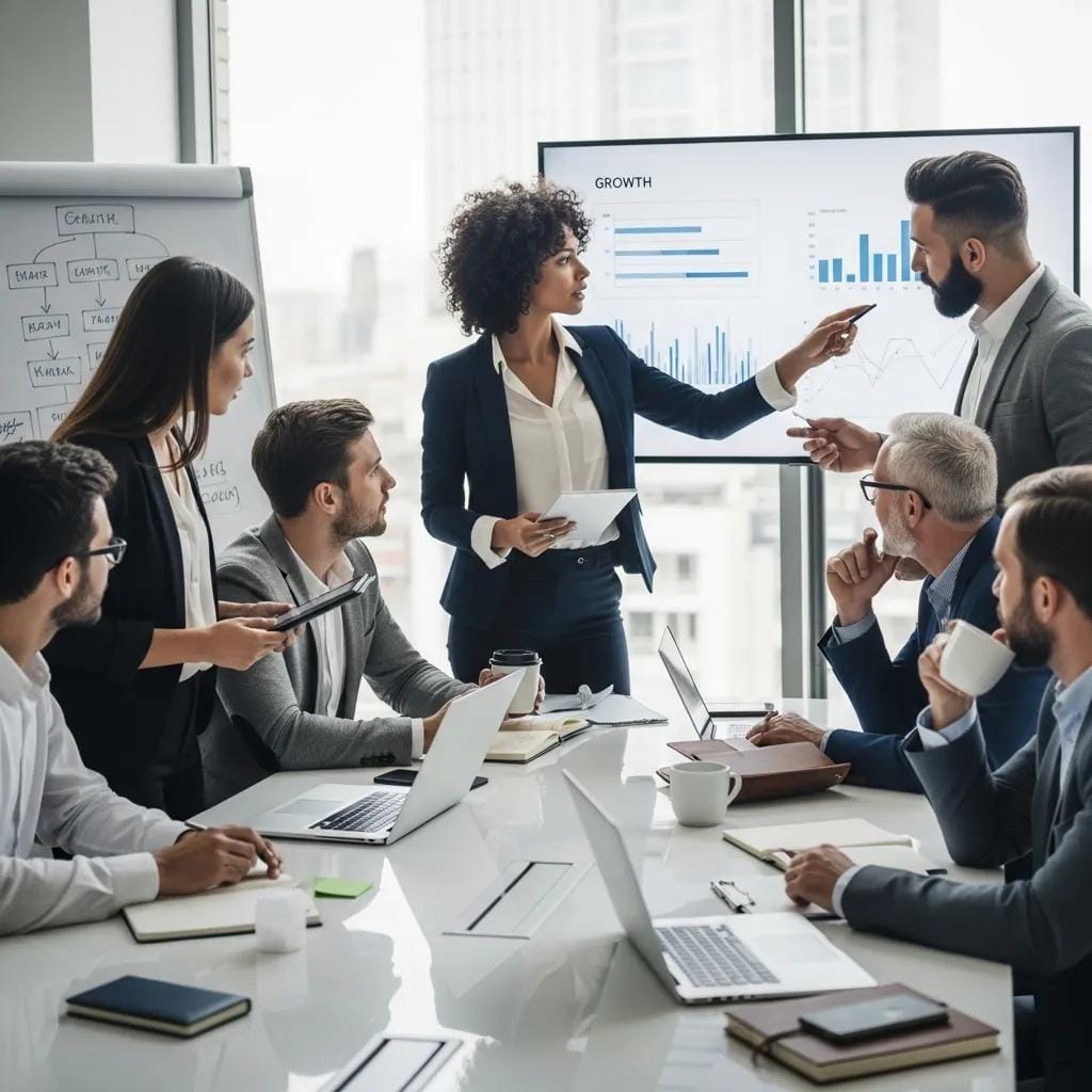 Entrepreneurs collaborating in a modern office, discussing semi-absentee franchise strategies