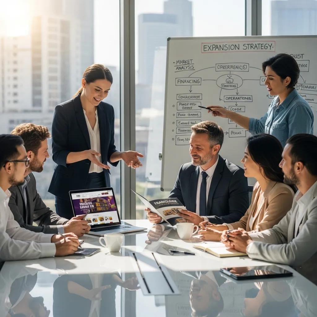 Entrepreneurs collaborating on multi-unit franchise strategies in a modern office