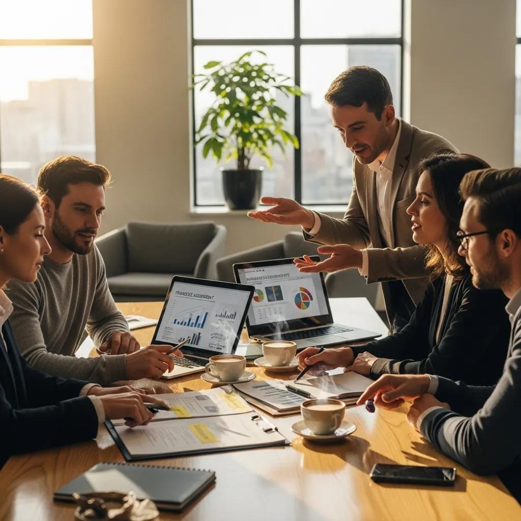 Entrepreneurs discussing a franchise agreement in a modern office setting