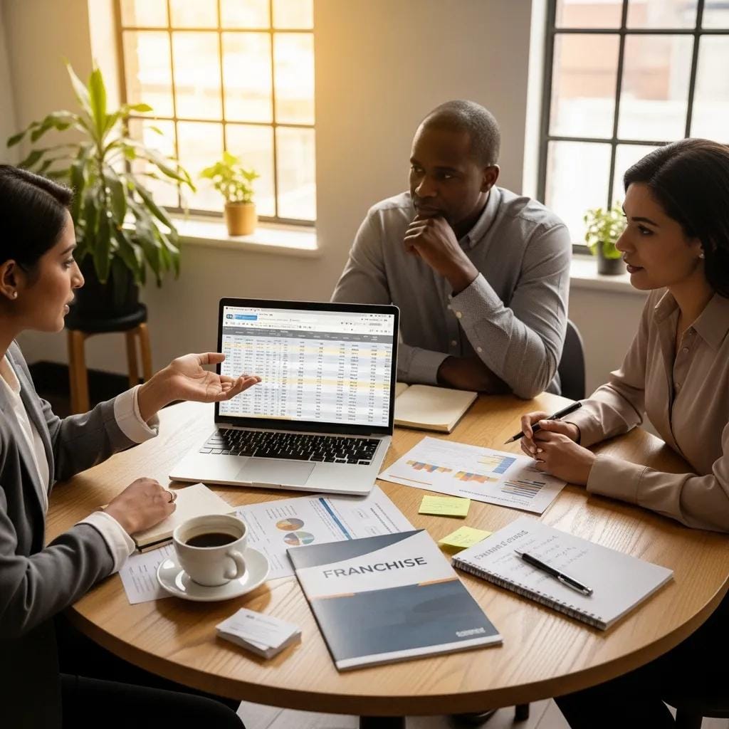 Entrepreneurs discussing franchise financing options in a cozy office setting