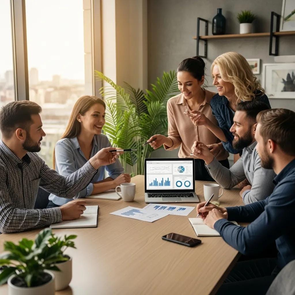 Entrepreneurs discussing franchise investment strategies in a cozy office setting