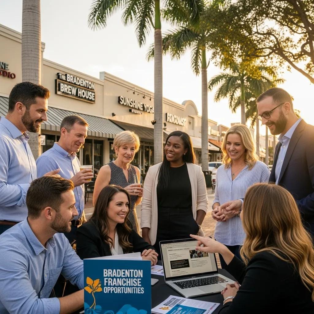 Entrepreneurs discussing franchise opportunities in a sunny Bradenton, FL setting