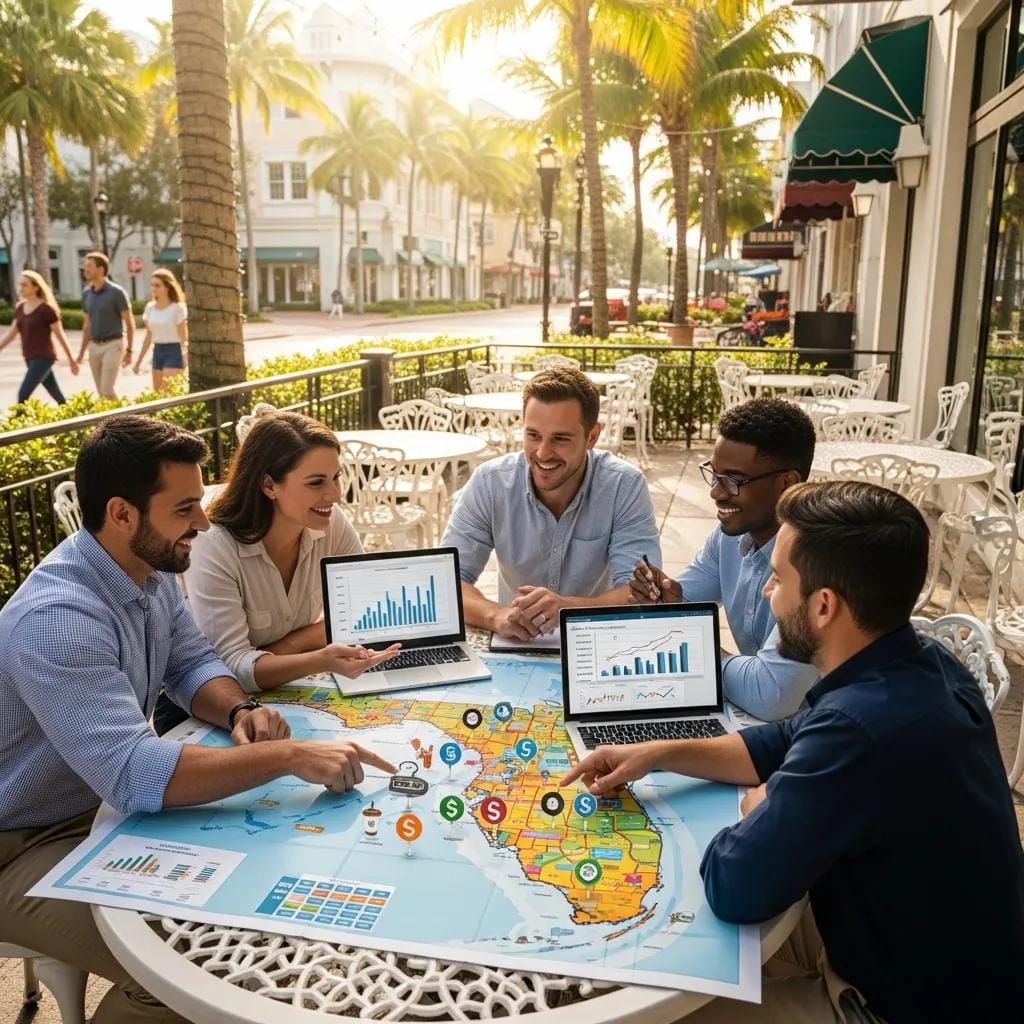 Entrepreneurs discussing franchise opportunities in Florida with a sunny backdrop