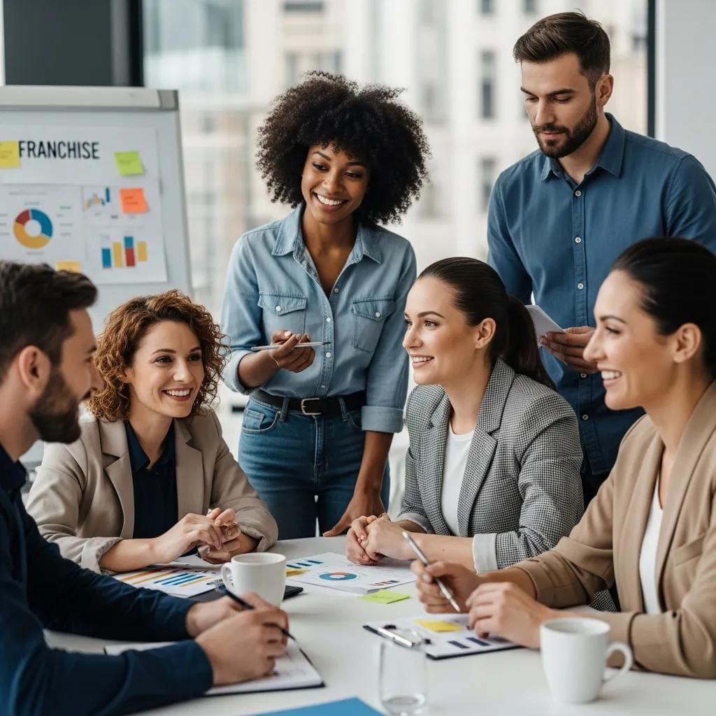 Group of entrepreneurs discussing retail franchise opportunities in a modern office, with charts and notes about franchise strategies.