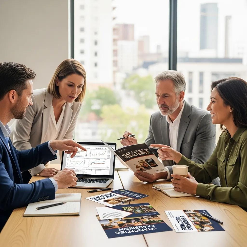 Experienced business owners discussing franchise opportunities in a modern office