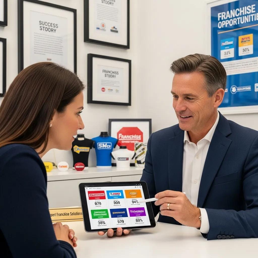 Franchise broker assisting a client with franchise options in a professional office setting