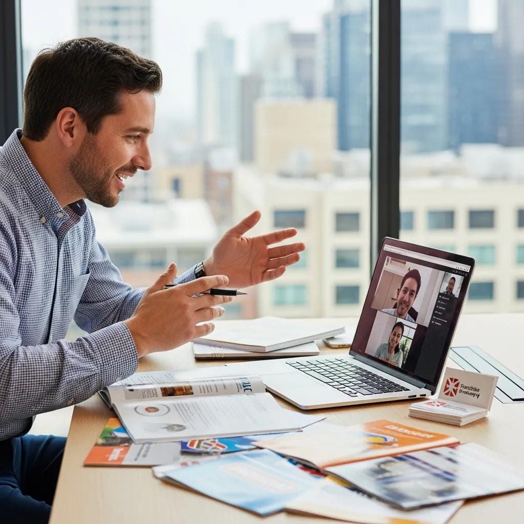 Franchise broker on a video call with a candidate to discuss opportunities
