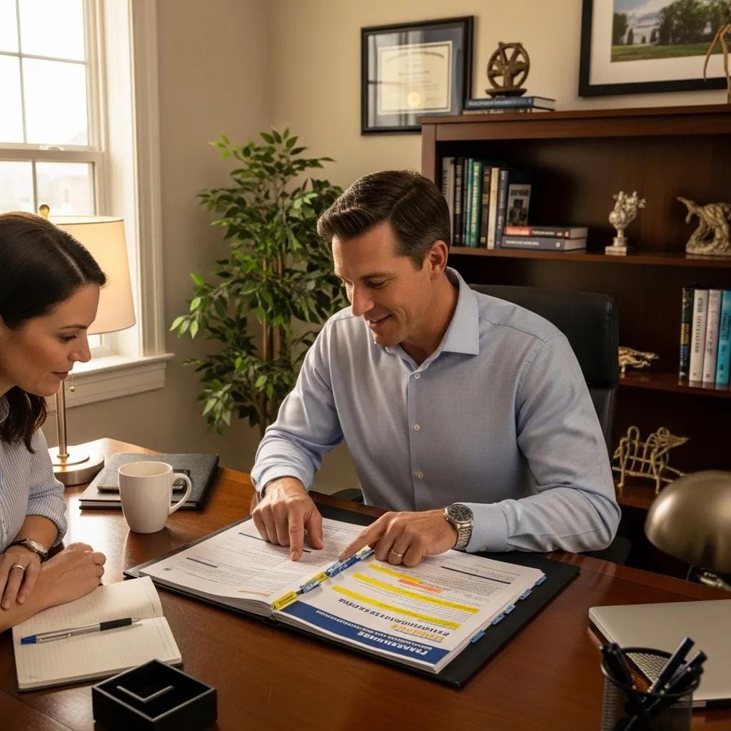 Advisor and client reviewing a Franchise Disclosure Document at a desk