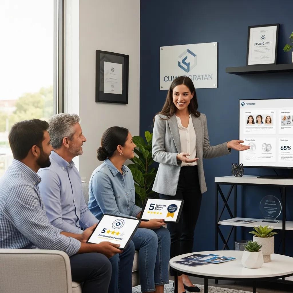 Franchise owner engaging with customers in a service environment, showcasing mid-range franchise opportunities